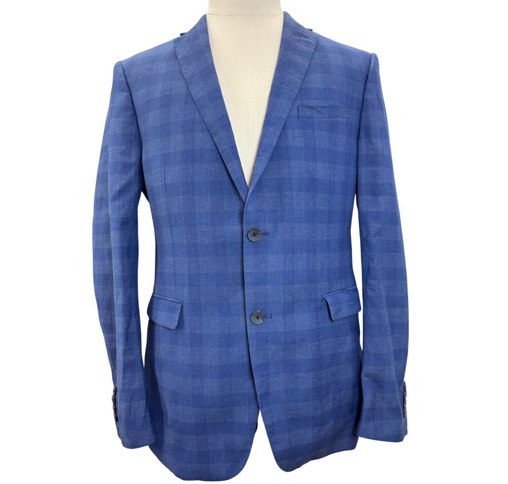 Penguin Blue Windowpane Sport Coat Blazer Men's 42R Wool Linen